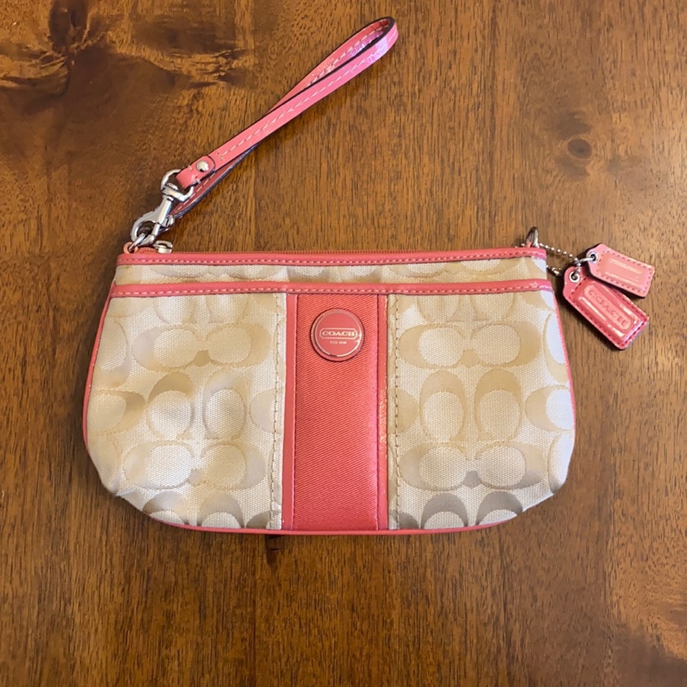 Coach Signature Stripe Large Wristlet, Khaki/Coral